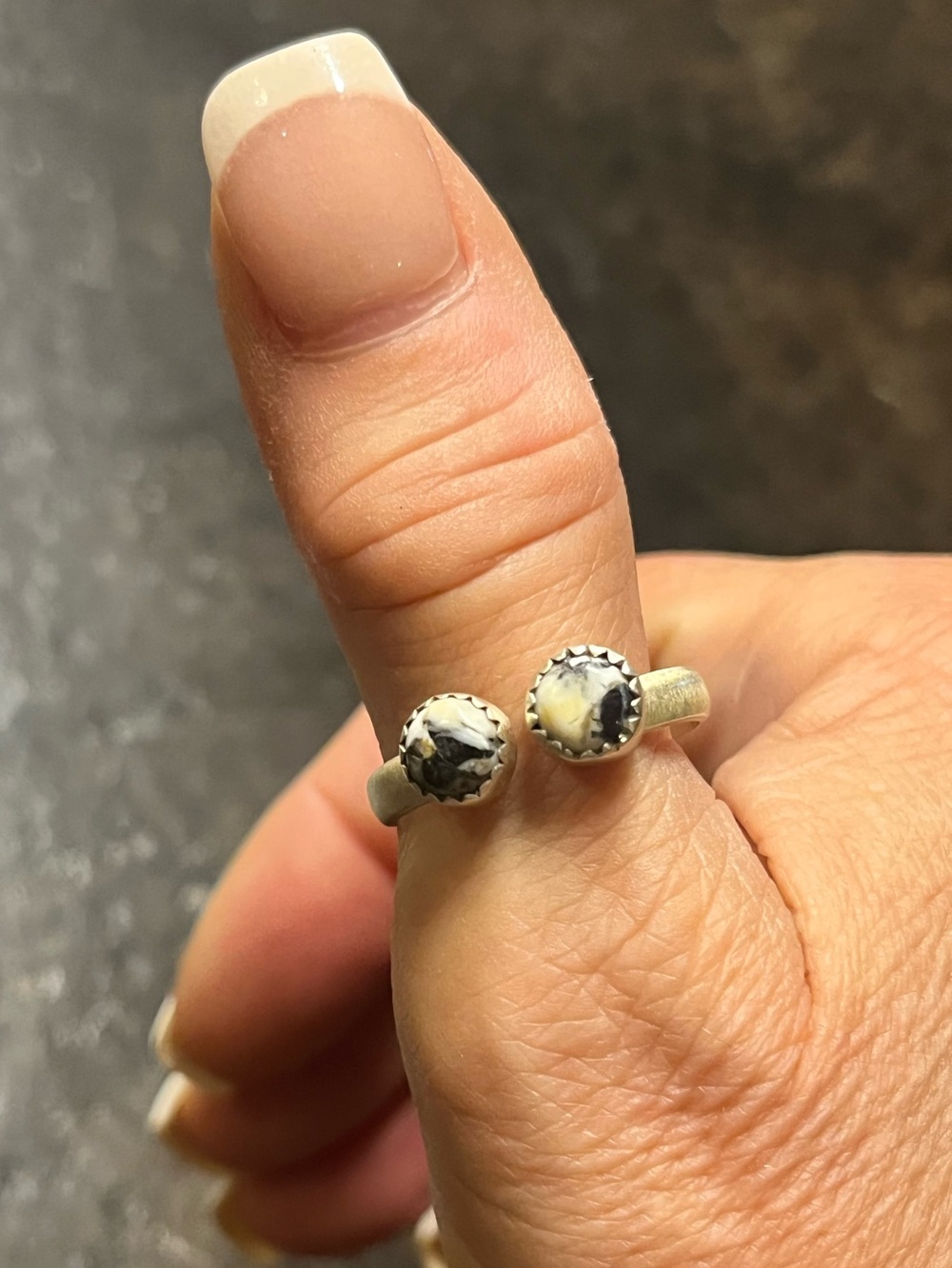 sterling silver double-stone ring w/round White Buffalo cabochons, 9.5 adjust